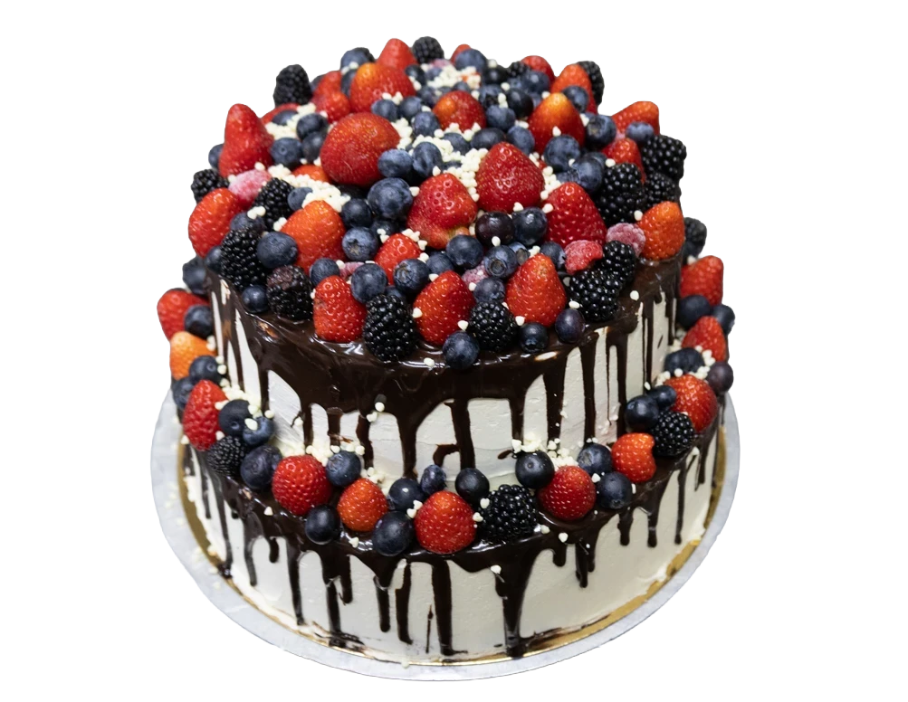 Zweistöckige Drip-Torte mit frischen Beeren – Konditorei Soltau